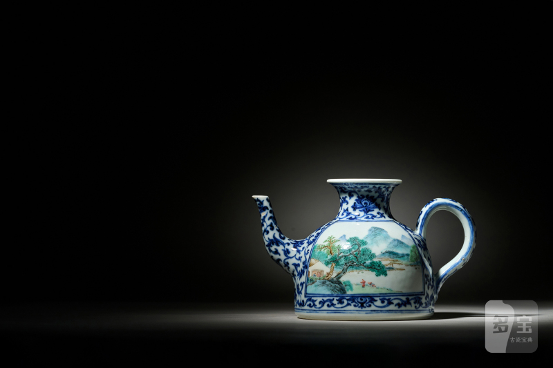 清乾隆 唐英製青花开光粉彩山水高士赏游诗意图茶壶 - 图9